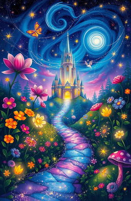 An enchanting fantasy illustration depicting a mystical scene from a fairytale, featuring a magical forest with vibrant colors, oversized flowers, glowing fireflies, and enchanted creatures