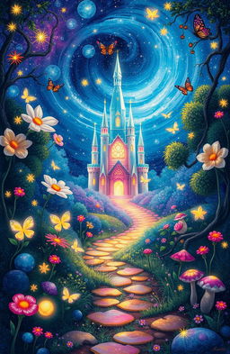 An enchanting fantasy illustration depicting a mystical scene from a fairytale, featuring a magical forest with vibrant colors, oversized flowers, glowing fireflies, and enchanted creatures
