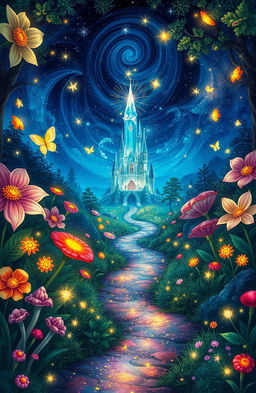An enchanting fantasy illustration depicting a mystical scene from a fairytale, featuring a magical forest with vibrant colors, oversized flowers, glowing fireflies, and enchanted creatures