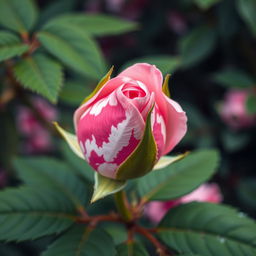 A close-up of a vibrant pink rosebud on a lush green rose bush, featuring a striking mix of pink and white in a marbled pattern