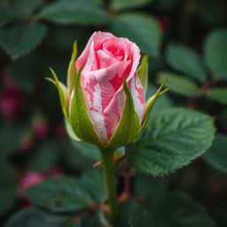 A close-up of a vibrant pink rosebud on a lush green rose bush, featuring a striking mix of pink and white in a marbled pattern