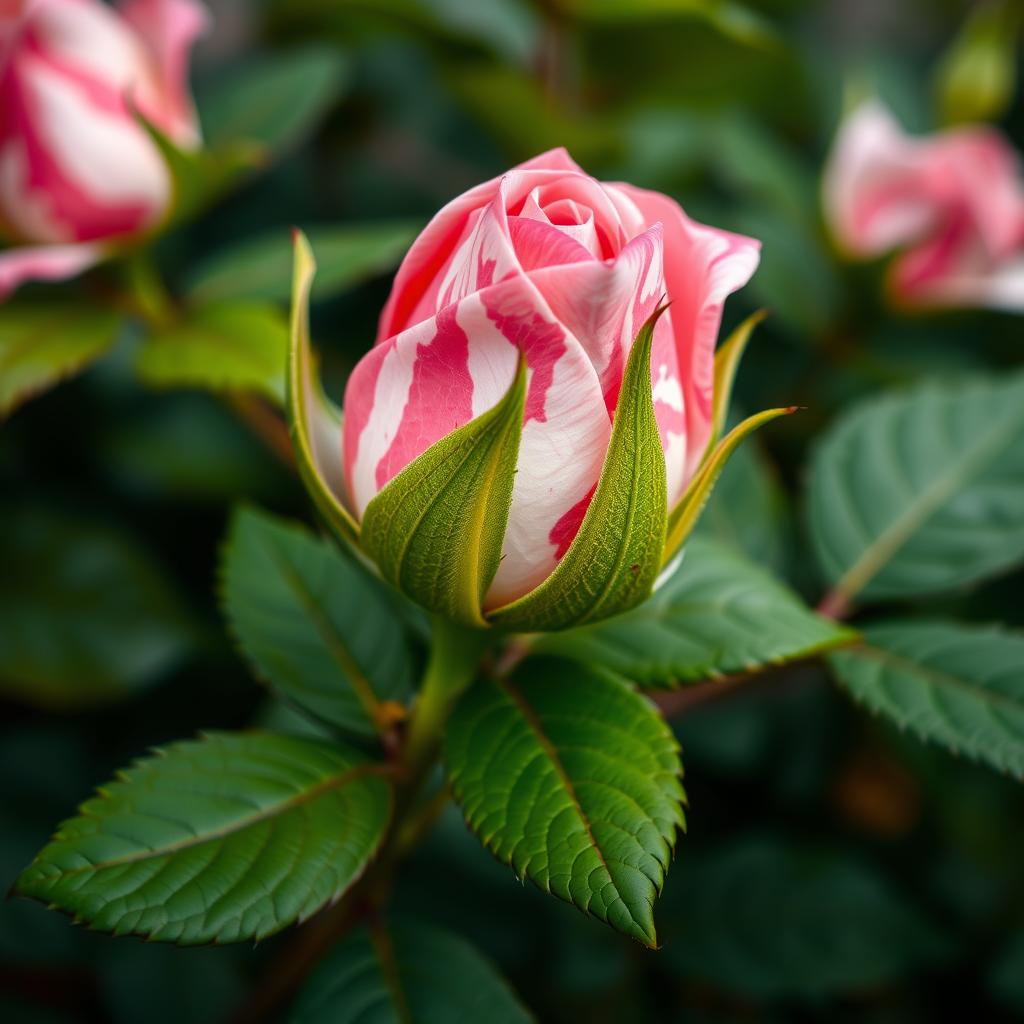 A close-up of a vibrant pink rosebud on a lush green rose bush, featuring a striking mix of pink and white in a marbled pattern