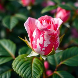 A close-up of a vibrant pink rosebud on a lush green rose bush, featuring a striking mix of pink and white in a marbled pattern