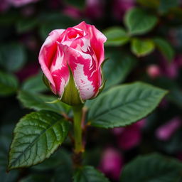 A close-up of a vibrant pink rosebud on a lush green rose bush, featuring a striking mix of pink and white in a marbled pattern