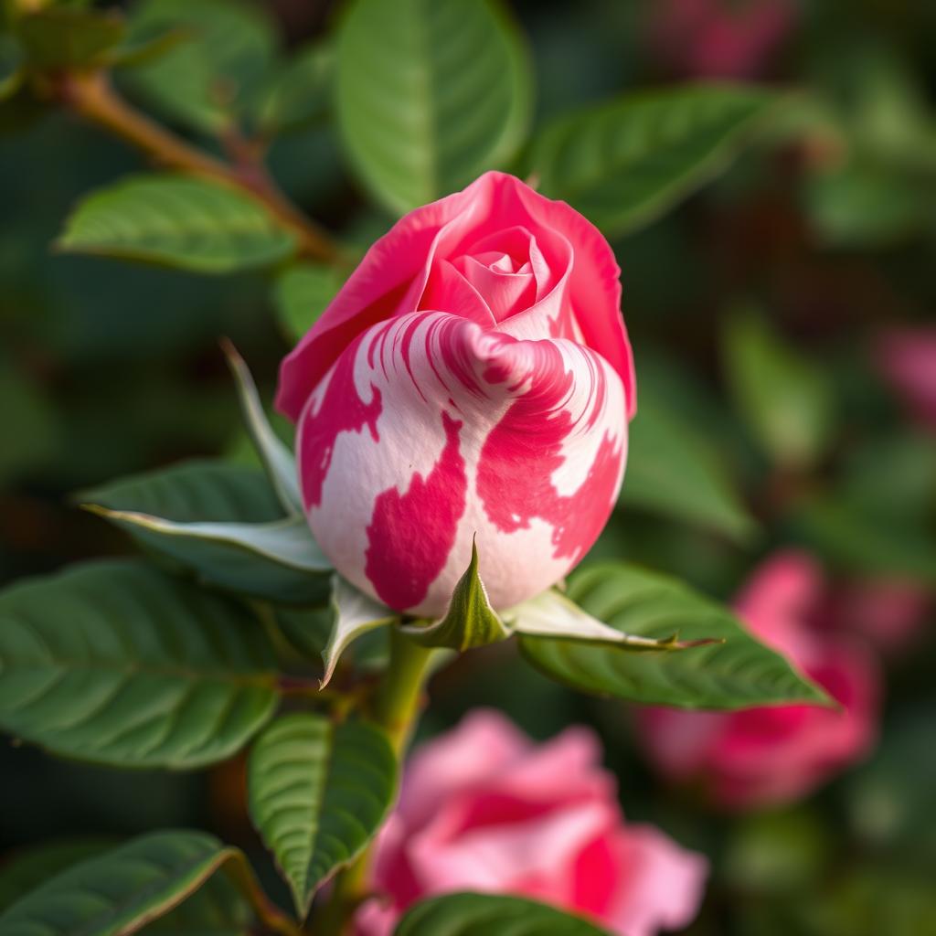 A close-up of a vibrant pink rosebud on a lush green rose bush, featuring a striking mix of pink and white in a marbled pattern