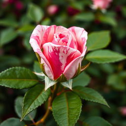 A close-up of a vibrant pink rosebud on a lush green rose bush, featuring a striking mix of pink and white in a marbled pattern