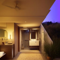 A detailed and brightly lit house with a modern design including a meticulously decorated bathroom.