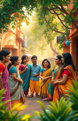 A whimsical and colorful interpretation of traditional Indian culture, featuring a vibrant street scene in India where people from various backgrounds are joyfully engaging in conversation
