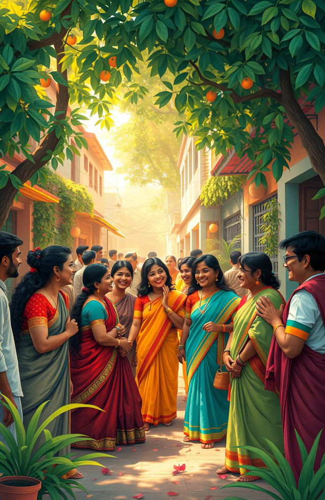 A whimsical and colorful interpretation of traditional Indian culture, featuring a vibrant street scene in India where people from various backgrounds are joyfully engaging in conversation