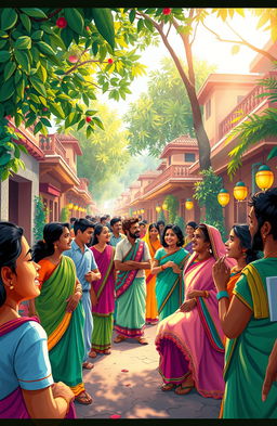 A whimsical and colorful interpretation of traditional Indian culture, featuring a vibrant street scene in India where people from various backgrounds are joyfully engaging in conversation