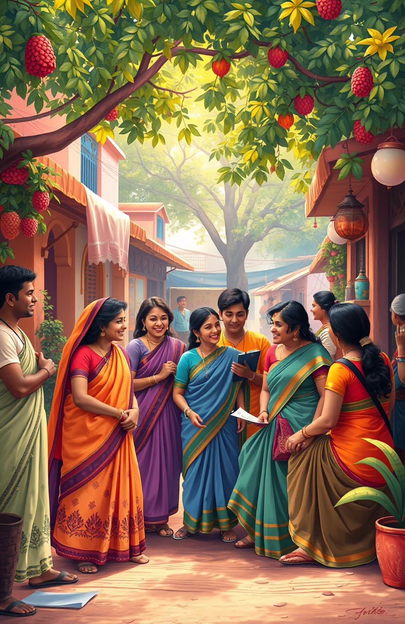 A whimsical and colorful interpretation of traditional Indian culture, featuring a vibrant street scene in India where people from various backgrounds are joyfully engaging in conversation