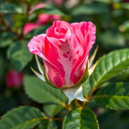 A close-up of a pink rosebud on a lush green rose bush, showcasing a striking mix of pink and white in a marbled pattern