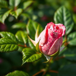 A close-up of a pink rosebud on a lush green rose bush, showcasing a striking mix of pink and white in a marbled pattern