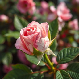 A close-up of a pink rosebud on a lush green rose bush, showcasing a striking mix of pink and white in a marbled pattern