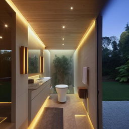 A detailed and brightly lit house with a modern design including a meticulously decorated bathroom.