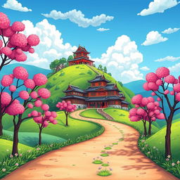 A whimsical cartoon scene featuring a colorful trail lined with vibrant pink blooming trees, leading towards a picturesque Chinese village nestled on a lush green mountain