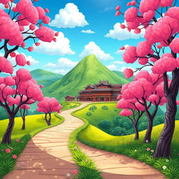 A whimsical cartoon scene featuring a colorful trail lined with vibrant pink blooming trees, leading towards a picturesque Chinese village nestled on a lush green mountain