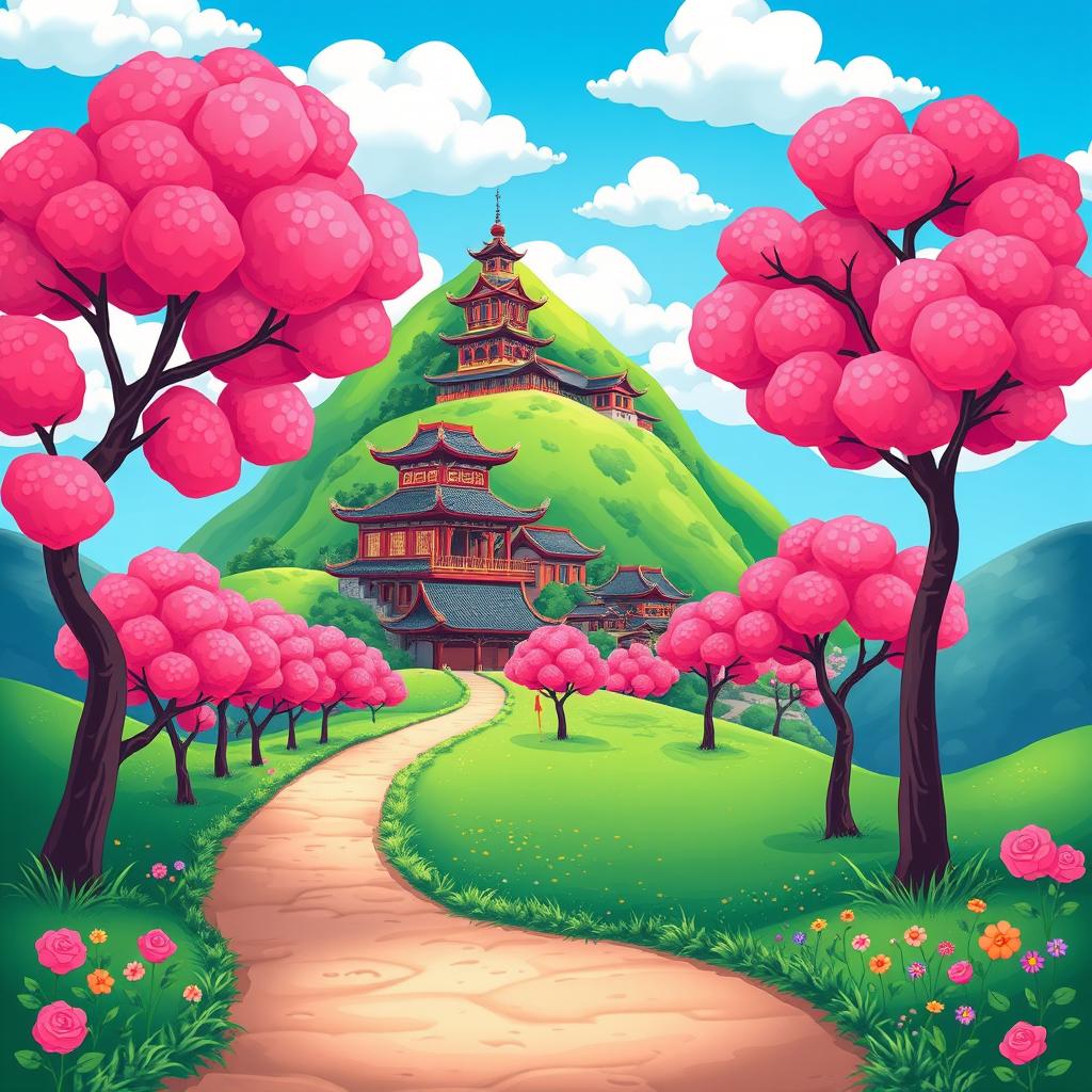 A whimsical cartoon scene featuring a colorful trail lined with vibrant pink blooming trees, leading towards a picturesque Chinese village nestled on a lush green mountain