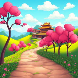 A whimsical cartoon scene featuring a colorful trail lined with vibrant pink blooming trees, leading towards a picturesque Chinese village nestled on a lush green mountain