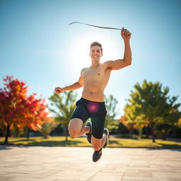 A charming young man jumping rope in an energetic outdoor setting, showcasing an athletic build and a bright smile