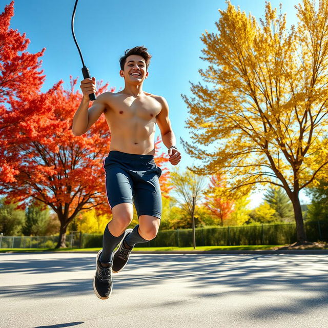 A charming young man jumping rope in an energetic outdoor setting, showcasing an athletic build and a bright smile