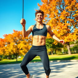 A charming young man jumping rope in an energetic outdoor setting, showcasing an athletic build and a bright smile