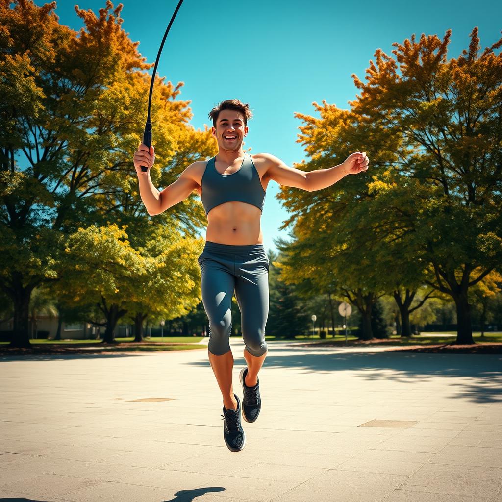 A charming young man jumping rope in an energetic outdoor setting, showcasing an athletic build and a bright smile