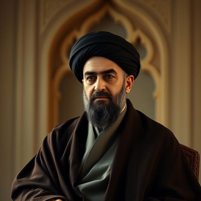 A respectful portrait of Ayatollah Khomeini, showcasing him in traditional Iranian attire