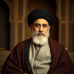A respectful portrait of Ayatollah Khomeini, showcasing him in traditional Iranian attire