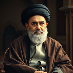 A respectful portrait of Ayatollah Khomeini, showcasing him in traditional Iranian attire