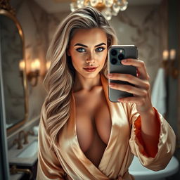A gorgeous blonde woman with long, wavy blonde hair and captivating blue eyes, standing in an opulent, dimly-lit bathroom as she takes a mirror selfie with an iPhone 14 Max