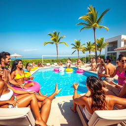 An exciting and vibrant scene depicting an interracial pool party during a sunny day