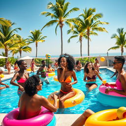 An exciting and vibrant scene depicting an interracial pool party during a sunny day