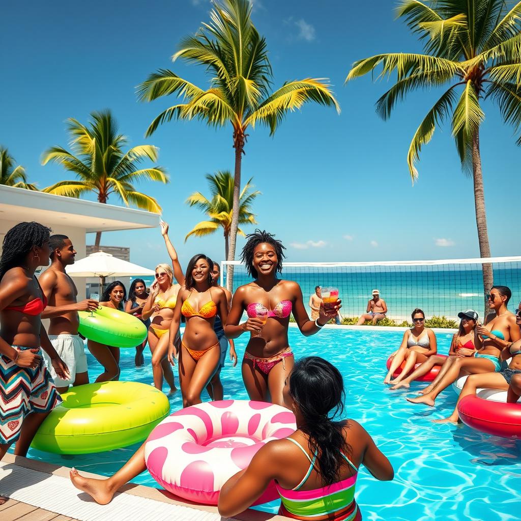 An exciting and vibrant scene depicting an interracial pool party during a sunny day