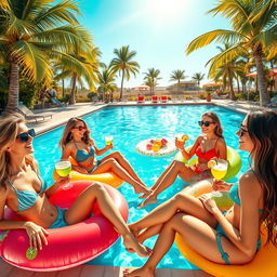 A vibrant summer pool party scene, featuring a group of confident young women relaxing by a sparkling blue pool