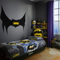 A Batman-themed room ideal for a boy, incorporating elements such as Gotham skyline wall art, a bat symbol bedspread, and Batman action figure display cases.