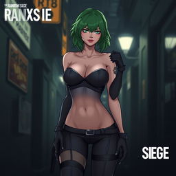 A stylized illustration of Ela from Rainbow Six Siege, showcasing her character design with a focus on body aesthetics