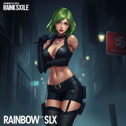 A stylized illustration of Ela from Rainbow Six Siege, showcasing her character design with a focus on body aesthetics