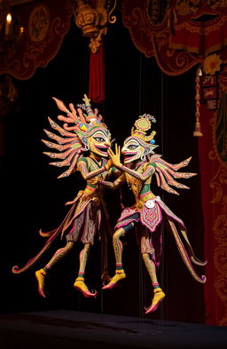 An elegant composition featuring traditional Wayang Kulit puppetry, highlighting intricate details of the puppets, with vibrant colors and elaborate designs