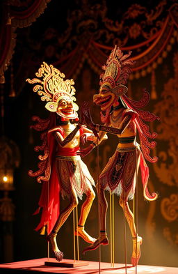 An elegant composition featuring traditional Wayang Kulit puppetry, highlighting intricate details of the puppets, with vibrant colors and elaborate designs
