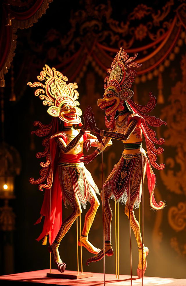 An elegant composition featuring traditional Wayang Kulit puppetry, highlighting intricate details of the puppets, with vibrant colors and elaborate designs