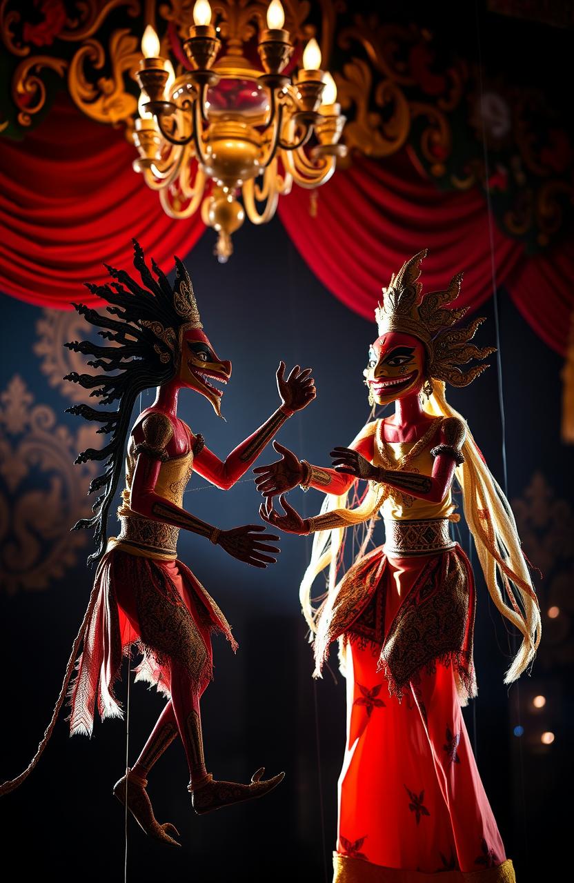 An elegant composition featuring traditional Wayang Kulit puppetry, highlighting intricate details of the puppets, with vibrant colors and elaborate designs