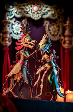 An elegant composition featuring traditional Wayang Kulit puppetry, highlighting intricate details of the puppets, with vibrant colors and elaborate designs
