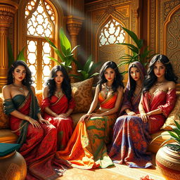 A captivating scene depicting a group of harem slave girls in an opulent palace setting