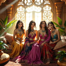 A captivating scene depicting a group of harem slave girls in an opulent palace setting