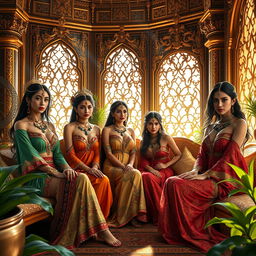 A captivating scene depicting a group of harem slave girls in an opulent palace setting