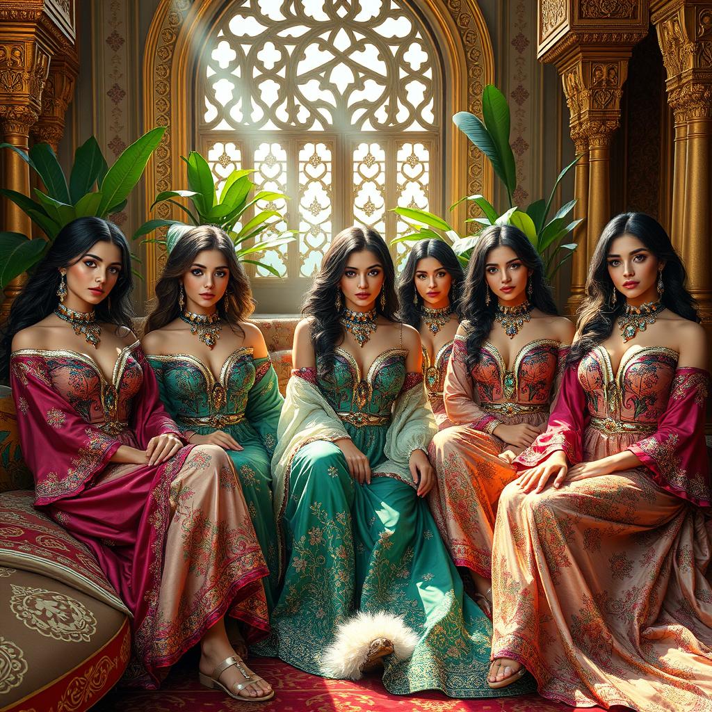 A captivating scene depicting a group of harem slave girls in an opulent palace setting