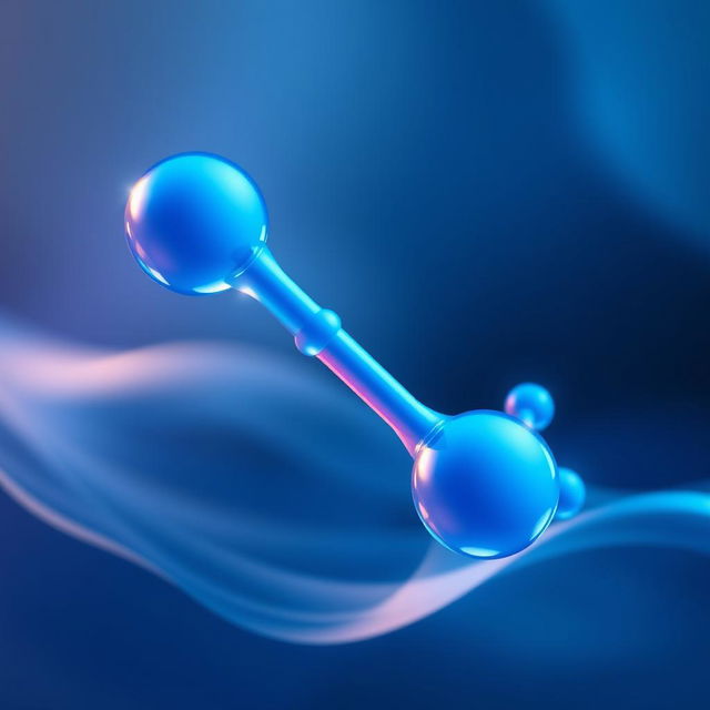 An artistic representation of the molecular structure of water, H2O, showcasing two hydrogen atoms covalently bonded to one oxygen atom