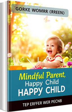 A serene and colorful workbook cover designed for busy parents, featuring a happy child playing joyfully in a bright outdoor setting, surrounded by nature such as trees, flowers, and butterflies