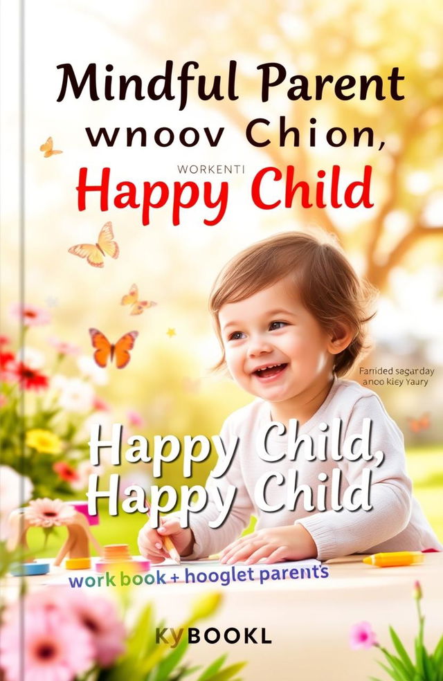 A serene and colorful workbook cover designed for busy parents, featuring a happy child playing joyfully in a bright outdoor setting, surrounded by nature such as trees, flowers, and butterflies